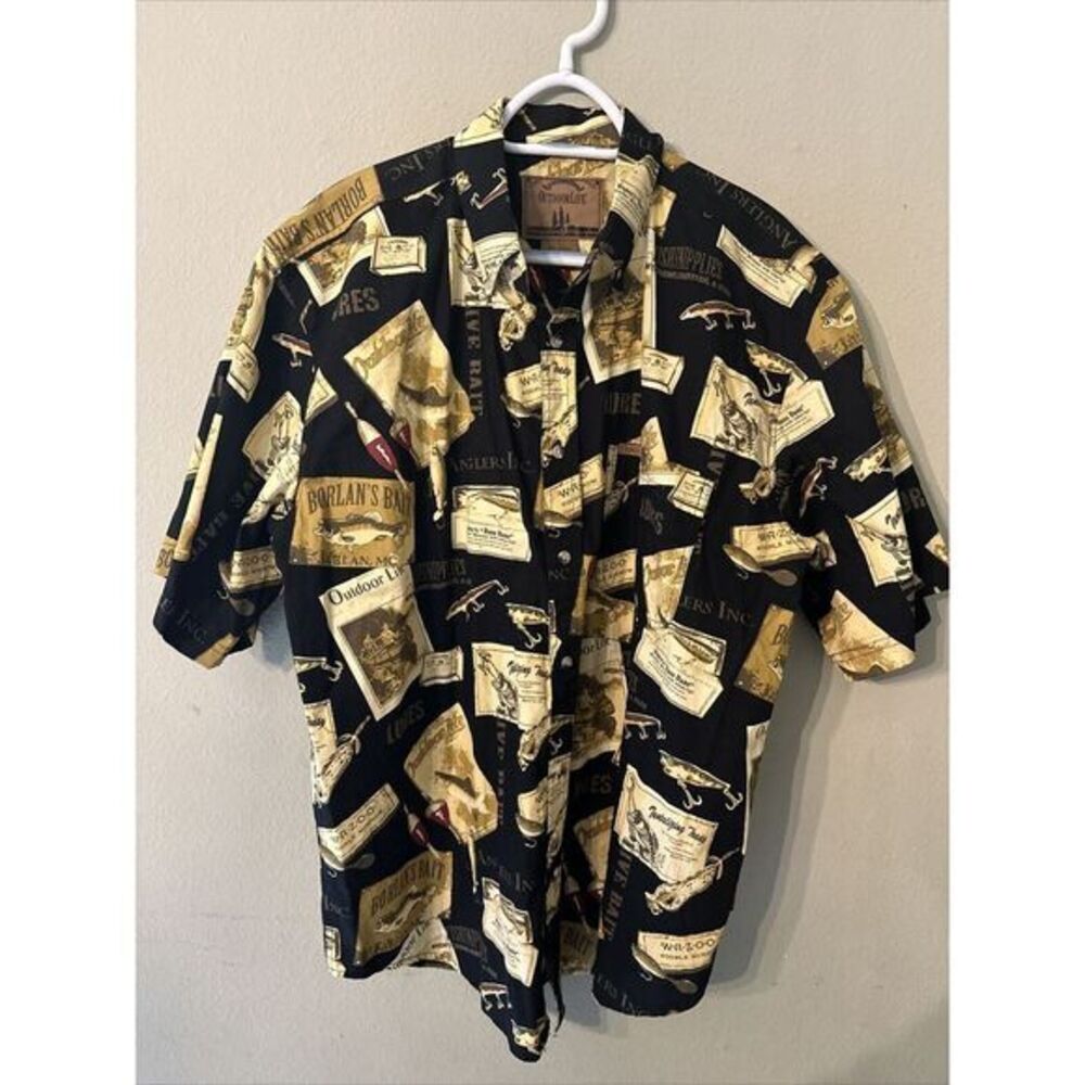 Outdoor Life Mens Large L Button‎ Up Short Sleeve Cotton Fishing Print All over